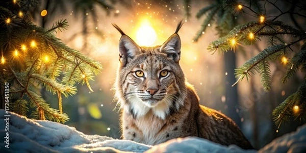 Fototapeta Majestic Lynx in Winter Wonderland  A Serene Festive Scene with Sparkling Lights and Snow