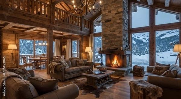 Obraz Rustic mountain chalet living room