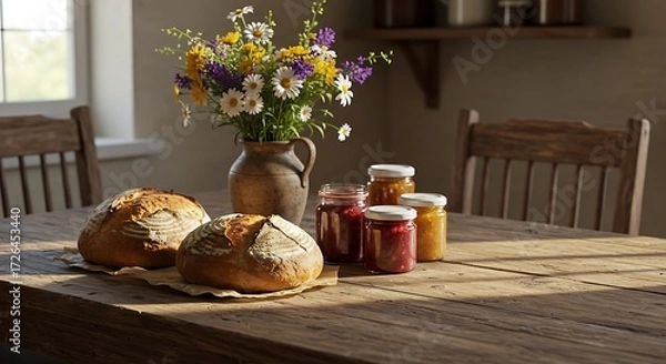 Obraz Rustic table setting with bread and jams