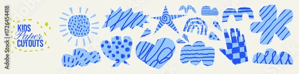 Fototapeta Funky kids paper cutout shapes with crayon doodle and pastel patterns. Naive scrapbook clipart with pencil scribbles. Abstract blue torn stickers for collages.