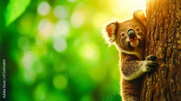 Fototapeta Cute koala climbing tree trunk in lush green forest with bright sunlight filtering through