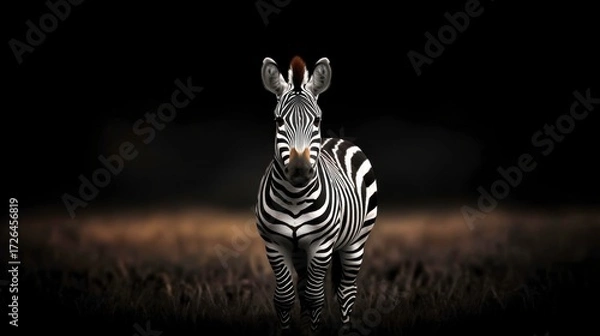 Fototapeta Majestic Zebra Standing Alone Against Dark Background in Natural Habitat Environment