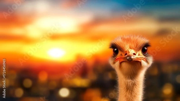 Fototapeta Close-Up of an Ostrich with Dramatic Sunset Background in Soft Focus