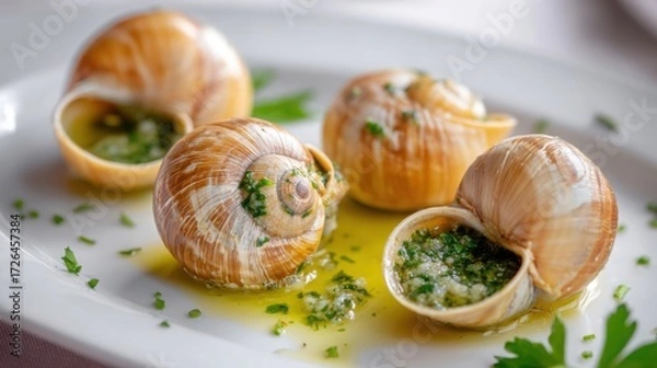 Fototapeta french escargot close up, snails in garlic butter, elegant shell, fine dining restaurant plating