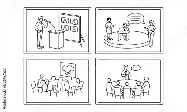 Fototapeta Business meeting scenarios and presentations in four panels