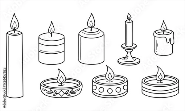 Fototapeta Collection of hand drawn candles with flickering flames in outline style