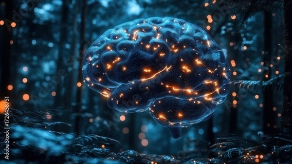 Fototapeta Illuminated brain in a dark forest