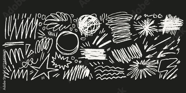 Fototapeta Pencil chalk draw scribbles, sketchy strokes, arrows and stars in crayon texture. Naive doodle shapes for posters. Abstract highlight elements.