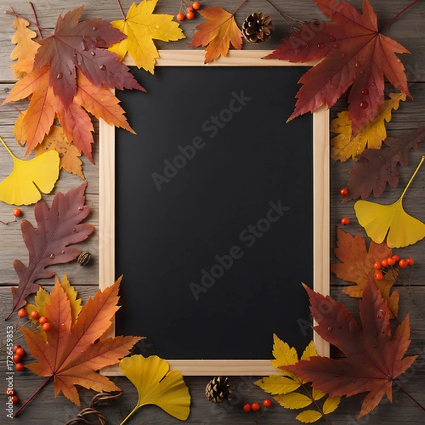 Obraz Autumn Leaves Frame With Blank Chalkboard For Text Or Design