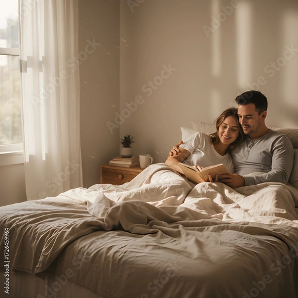 Obraz Happy Couple Relaxing Together On Bed In Cozy Bedroom