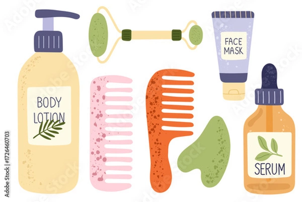 Fototapeta Self care aesthetic set with body lotion bottle, jade roller, gua sha stone, face mask tube, serum dropper, and colorful combs — trendy beauty illustration for skincare routine, morning routine.