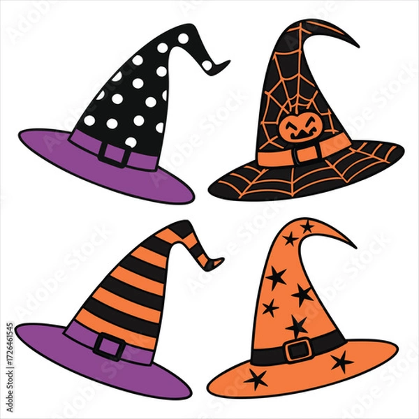 Fototapeta Four halloween witch hats with festive patterns and colors