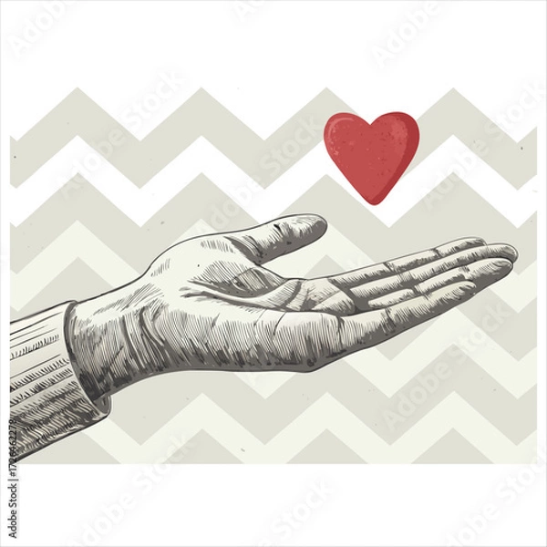 Fototapeta Hand reaching out to catch a floating red heart against a chevron background