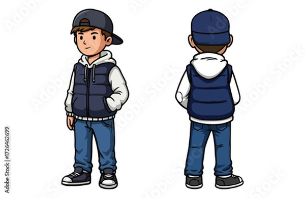 Fototapeta Vector cartoon boy character with hoodie, jeans and cap front and back view.