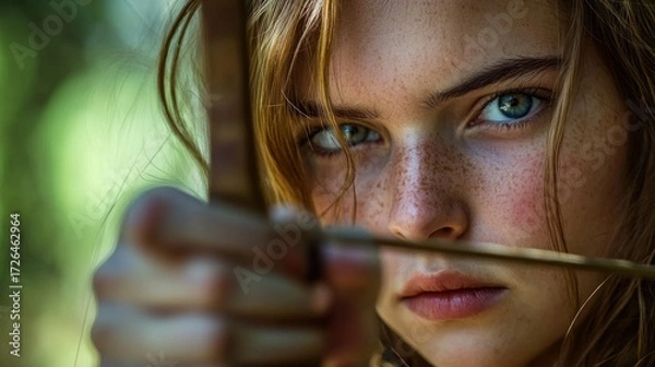 Fototapeta Close-up of a girl aiming with a bow and arrow