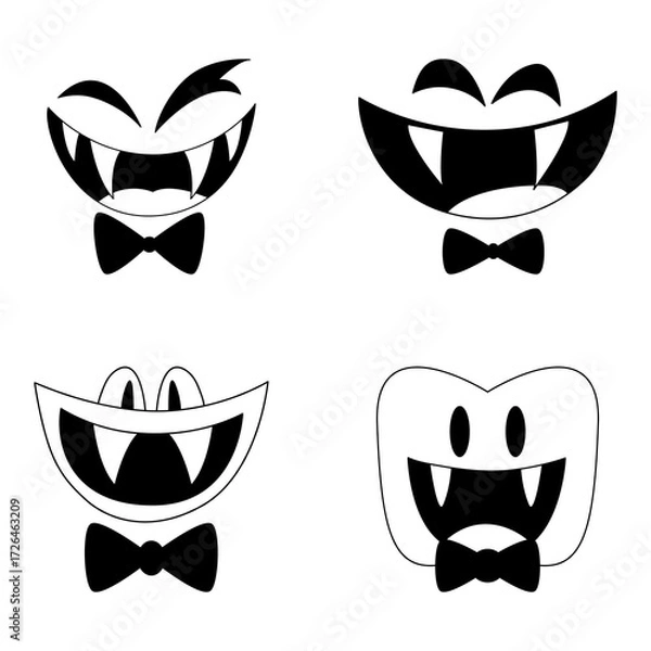 Obraz A set of four different cartoon images of vampire faces wearing a bow tie, showcasing unique expressions and teeth 