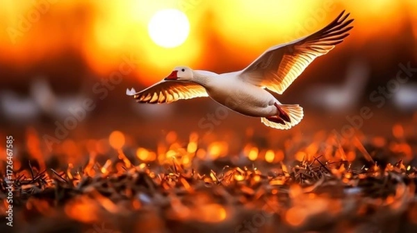 Fototapeta Snow Goose Soars Above Sunset Field with Warm Golden Glow and Serene Tranquility