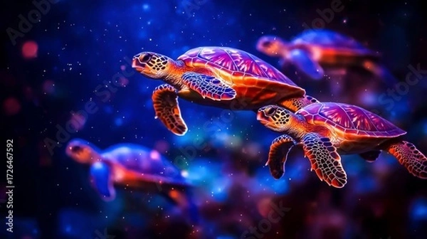 Fototapeta Colorful Sea Turtles Swimming in a Vibrant Underwater Universe with Bubbles