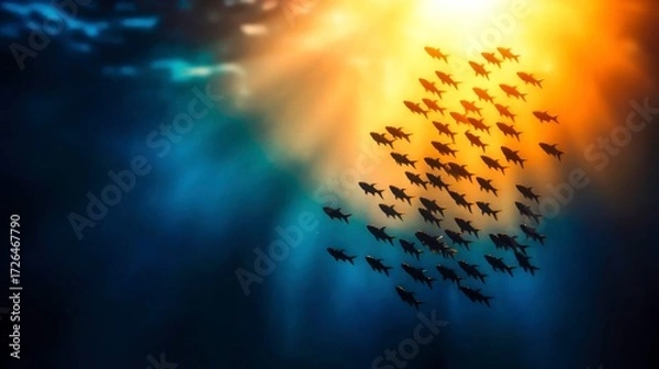 Fototapeta Underwater Scene with School of Fish Swimming in Blue Ocean Light Rays and Bubbles