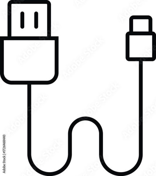 Fototapeta Minimal thin line USB cable vector illustration. Simple outline icon for technology, electronics, devices, computer accessories, data transfer, and charging concepts.