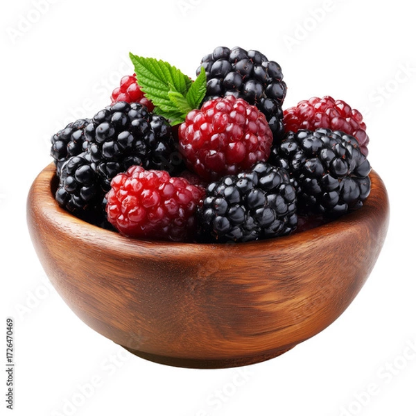 Fototapeta Berry Cobbler made from blackberries and raspberries in wooden bowl, isolated on white transparent background, concept of fresh organic fruit