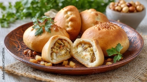 Fototapeta russian pirozhki close up, baked stuffed pastry, variety of fillings, served on rustic plate, elegant presentation