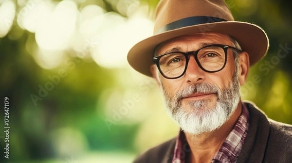 Fototapeta Distinguished older man in stylish hat and glasses, smiling warmly in natural light