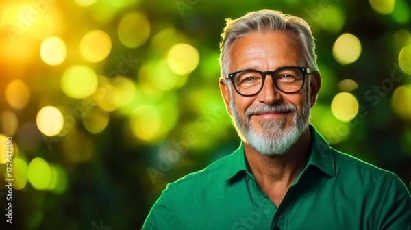 Fototapeta Charming senior man with glasses smiling warmly against a vibrant green bokeh background