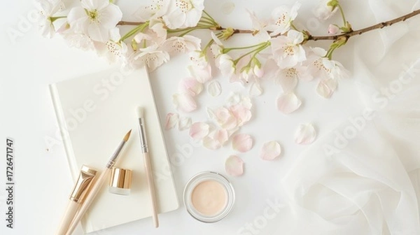 Fototapeta Elegant Cherry Blossom Branch with Skincare and Notebook on White Surface