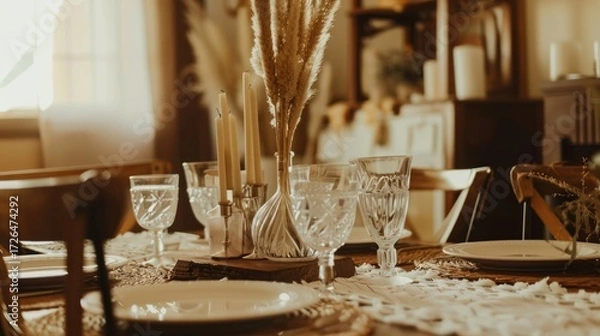 Fototapeta Elegant Dining Table Decor with Candles and Glassware in Warm Natural Light