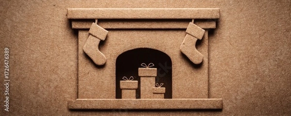 Fototapeta A cozy fireplace scene made from cardboard, decorated with hanging stockings and presents, perfect for holiday-themed projects.