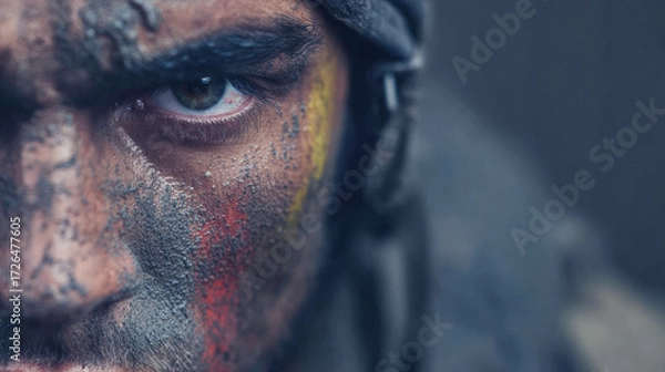 Fototapeta Soldier with painted face looks intensely into the camera during a training exercise in a military camp at dusk