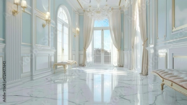 Fototapeta Elegant Light Blue Palace Room with Large Windows and Marble Floor