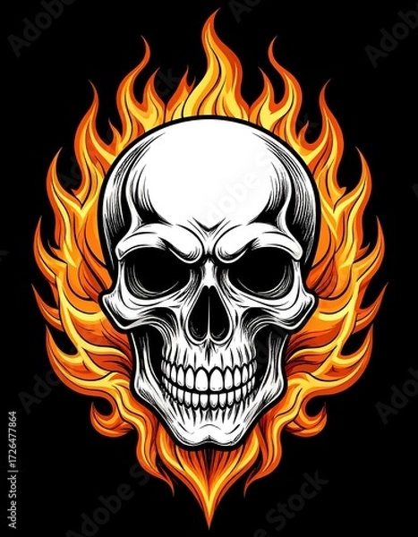 Fototapeta A human skull engulfed in vibrant orange and yellow flames, set against a black background