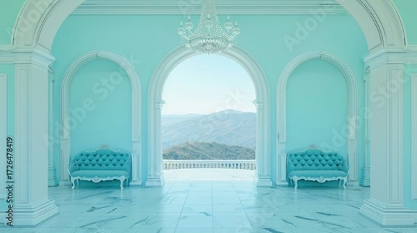 Fototapeta Elegant Light Blue Room with Large Window and Scenic Mountain View with Classic Furniture
