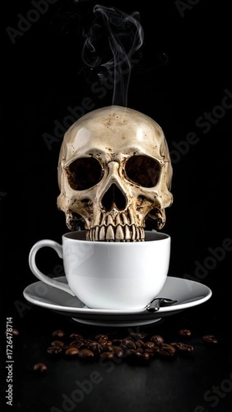 Fototapeta A human skull seemingly floats in a steaming cup of coffee, resting on a saucer with scattered coffee beans
