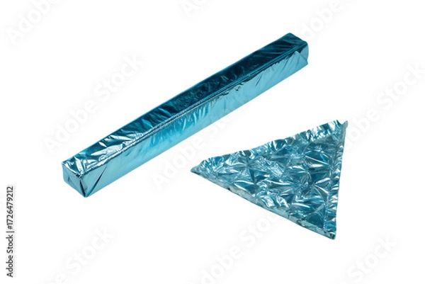 Fototapeta Two abstract geometric shapes made of shimmering blue textured material isolated on transparent background