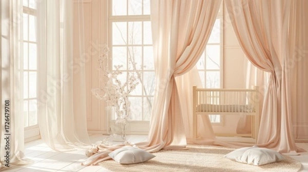 Fototapeta Elegant Light Pink Nursery with Large Windows and Soft Curtains for Baby Room Decor