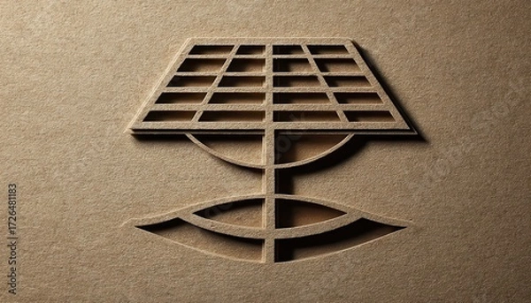 Fototapeta A detailed design of a solar panel symbol carved into textured cardboard, showcasing renewable energy and sustainability.