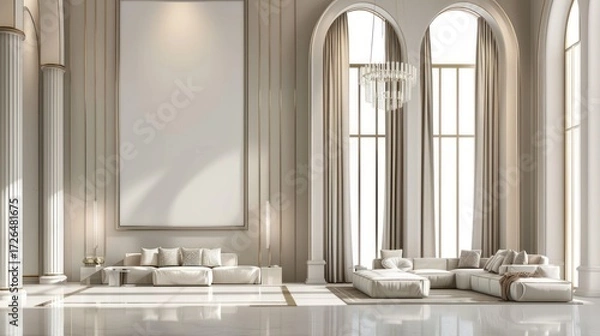 Fototapeta Elegant Modern Living Room with Tall Windows and Classic Columns in Neutral Tones