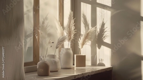 Fototapeta Elegant Neutral Colored Ceramic Vases with Pampas Grass on Window Sill in Soft Sunlight