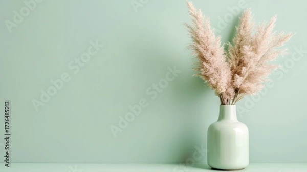 Fototapeta Elegant Pale Green Vase with Pampas Grass Arranged in Minimalist Interior Setting