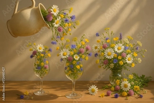 Obraz Daisy Flowers in Vases and Pitcher Still Life Arrangement Indoors