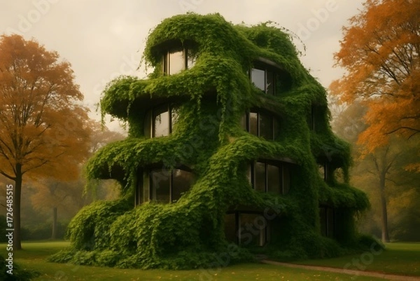 Obraz House covered in Greenery near Autumn Trees at Cloudy Day in Rural Area