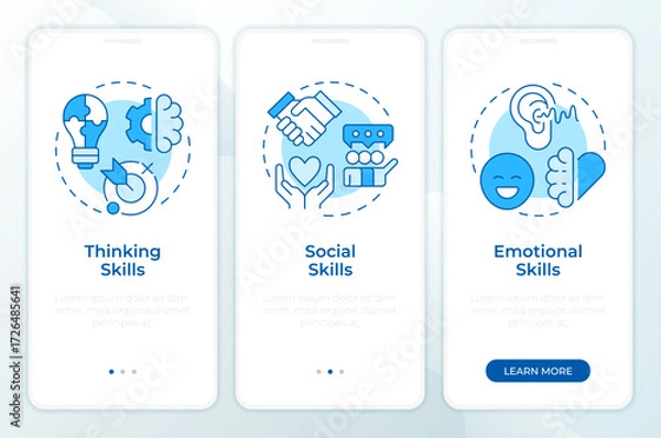 Fototapeta Life skills blue onboarding mobile app screen. Routine confidence. Walkthrough 3 steps editable graphic instructions with linear concepts. UI, UX, GUI. Montserrat SemiBold, Regular fonts used