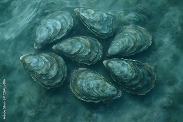 Obraz Oyster Shells underwater in clear saltwater seabed seafood sea life backdrop