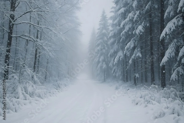 Obraz Snowy Forest Path in Winter Landscape with Snow Covered Trees Cold Atmosphere