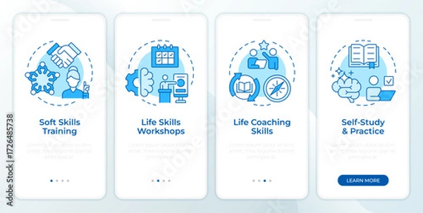 Fototapeta Strategies to improve life skills blue onboarding mobile app screen. Walkthrough 4 steps editable graphic instructions with linear concepts. UI, UX, GUI. Montserrat SemiBold, Regular fonts used