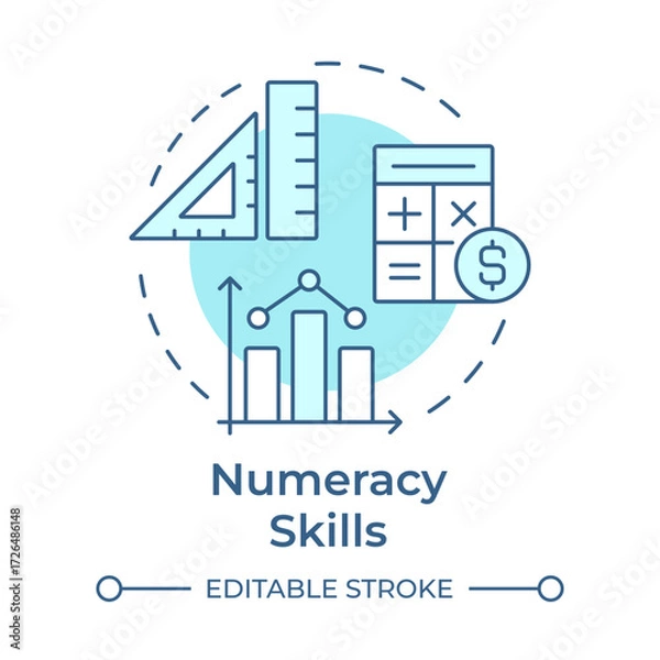 Fototapeta Numeracy skills soft blue concept icon. Understand and work with numbers everyday. Life competencies. Round shape line illustration. Abstract idea. Graphic design. Easy to use in article