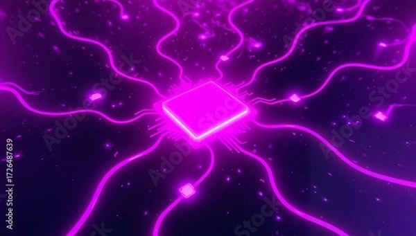 Obraz Central processor chip with neon light circuits and data network background
